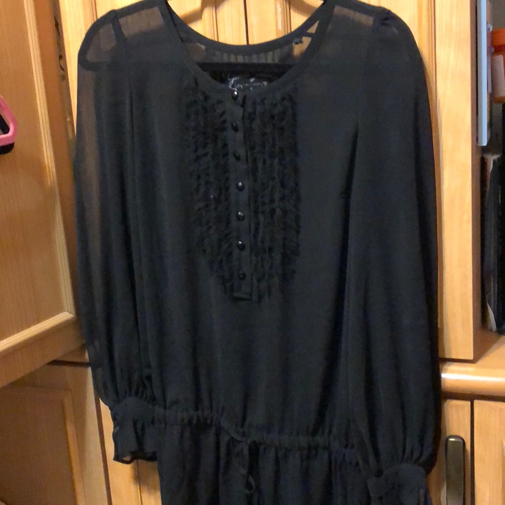 Guess shear black dress, blouse button & ruffle